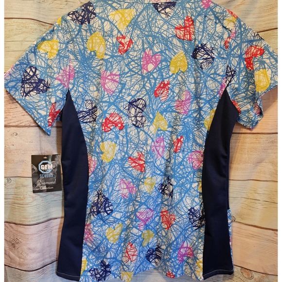 NWT Gem Scrubs Diamond Collection Womens Size M‎ Scribble Hearts Red Blue Yellow - Picture 5 of 10